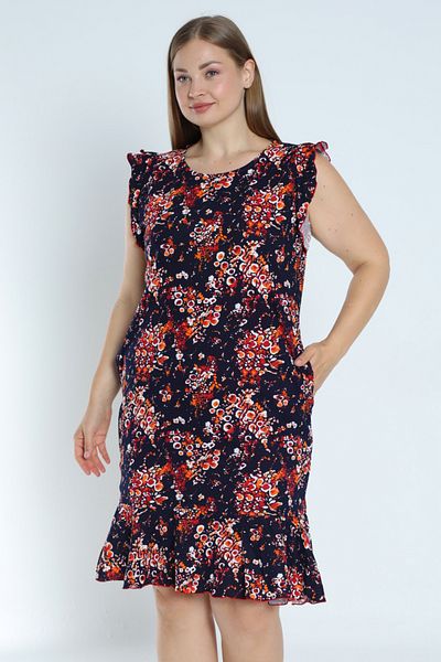 İntensive Navy blue plus size print - φόρεμα από 100% βαμβακερή τσέπη και βολάν μανίκια και φούστα