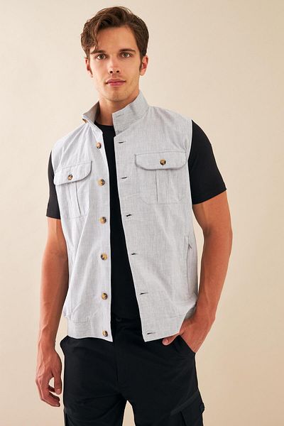 Escetic Men's Gray Linen Sports Vest - Breathable, Flared Woven, Cotton 6931