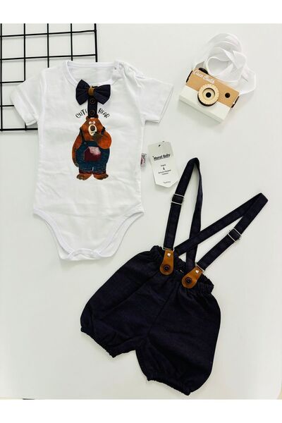cacobutik erkek bebek ayı baskılı papyonlu salopet takım