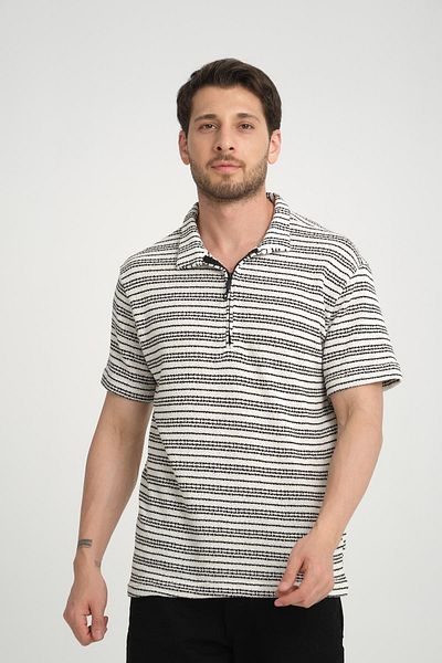 Rocqerx R-5834 Ριγέ πλεκτό T-Shirt - Γιακάς με μισό φερμουάρ