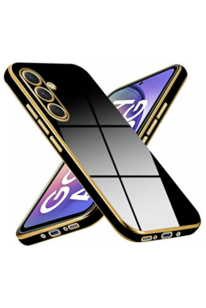 Fibaks Samsung Galaxy M14 Kılıf Parlak Kenarlı Altın Işlemeli Kamera Korumalı Kapak