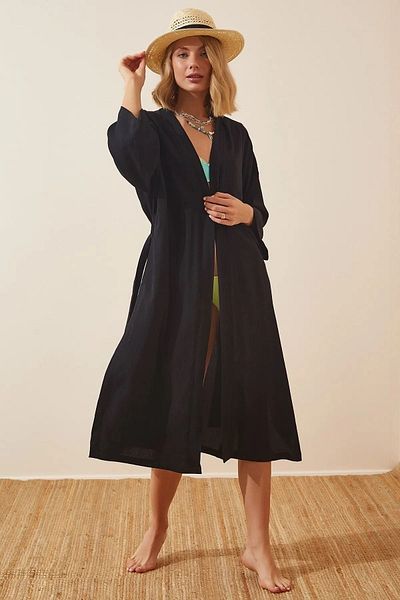 MEECY Schwarzer Crinkle-Viskose-Kimono für Damen mit Gürtel
