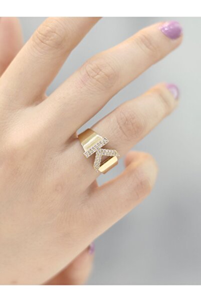 ZEYNEPLİ GOLD 14 Ayar Altın Büyük K Harfli Taşlı Yüzük