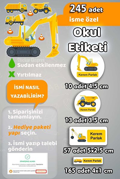 Sticker Ekspres Okul Etiketi İş Makinaları Kalem Defter Etiketi Özel İsim Yaz...