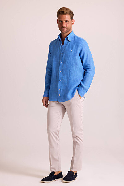 Ysf Erkek Koyu Mavi Düz Regular Fit Keten Gömlek