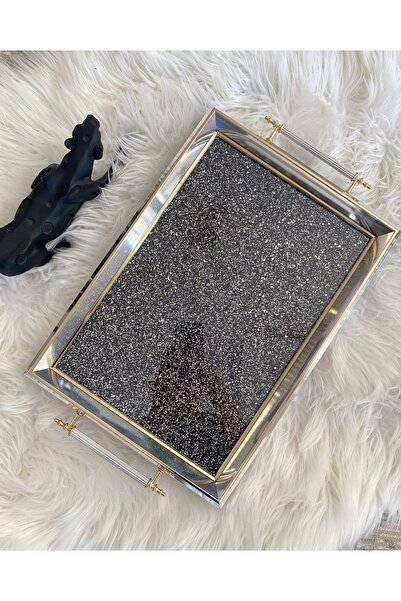 YENİLİK HOME Glitter Stone Tray, Silvery Luxury Tea Tray, Presentation Tray