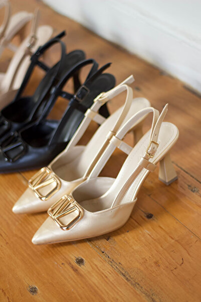 Minaj Store Y3033 Gold Leather Buckle Women's Heeled Shoes