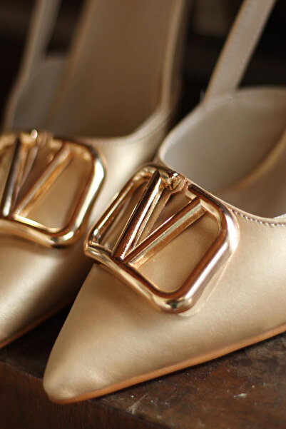 Minaj Store Y3033 Gold Leather Buckle Women's Heeled Shoes