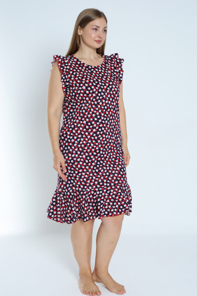 İntensive Plus Size Navy Blue Floral Patterned Flounced Sleeve and Skirt 100% Cotton Pocket Dress