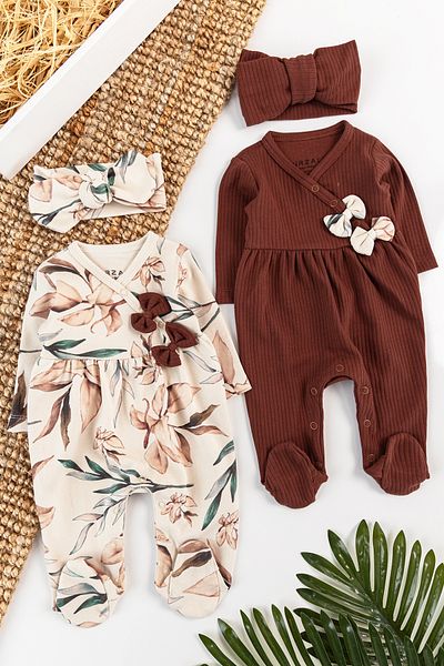 Babymod Floral Patterned Bandana 2-Piece Long Sleeve Baby Girl Jumpsuit Set
