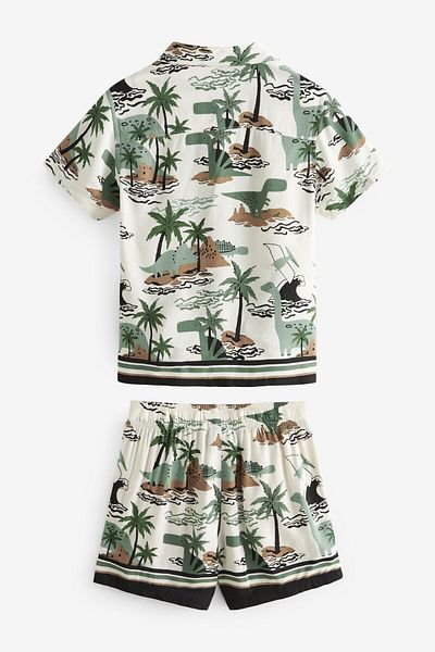 Next Baby Green Ecru Dino Patterned Short Sleeve Shorts Set