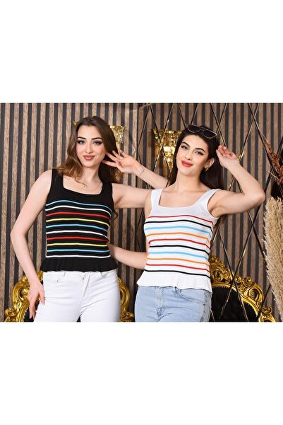 FLEX FASHION Women's BLACK AND WHITE striped 2-Piece Tank Top Thick Strap Tan...