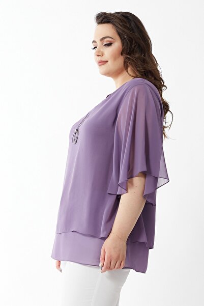 Moda Alba Μπλούζα σιφόν Lavender Plus Size - Σχέδιο μανίκι και κολιέ με νυχτερίδα