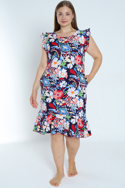 İntensive kolu ve eteği volanlı büyük beden desenli lacivert %100 pamuk cepli  elbise