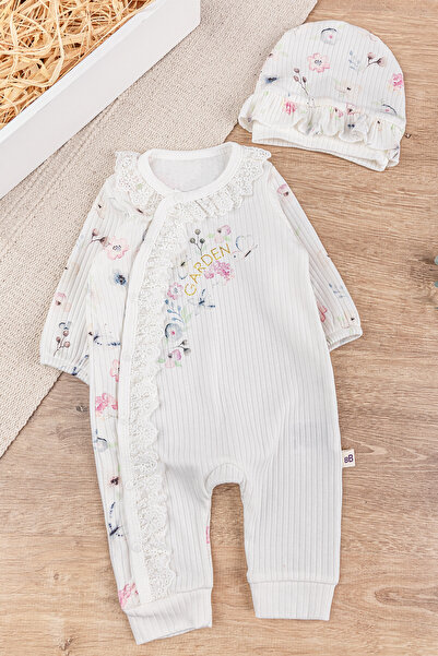 Babymod Çiçek Desenli Güpürlü Şapkalı Kız Bebek Tulum Takım