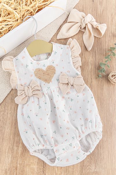 Babymod Heart Embroidered Bow Bandana Summer Baby Girl Jumpsuit