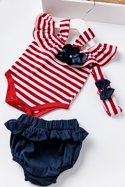 Babymod Baby Girl Red Striped Bandana Jumpsuit Set