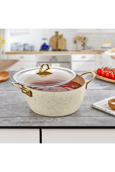 Evren Cream Crush Series - 32 Cm Non-Stick Deep Pot, 9 Lt (Gold Steel Handle)