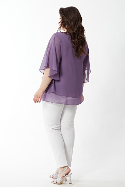 Moda Alba Μπλούζα σιφόν Lavender Plus Size - Σχέδιο μανίκι και κολιέ με νυχτερίδα