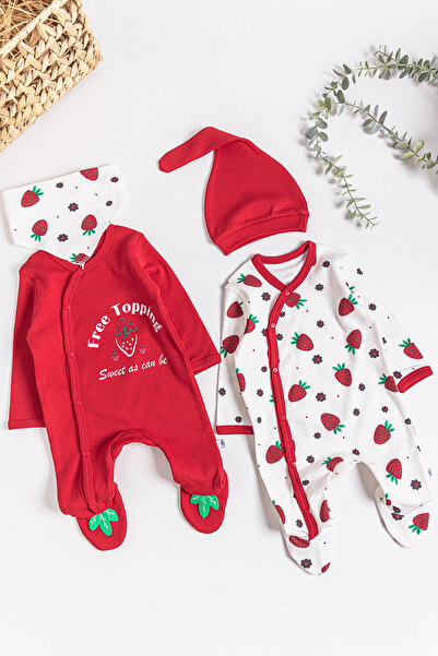 Babymod Çilek Desenli 2'li Uzun Kollu Kız Bebek Tulum Takım