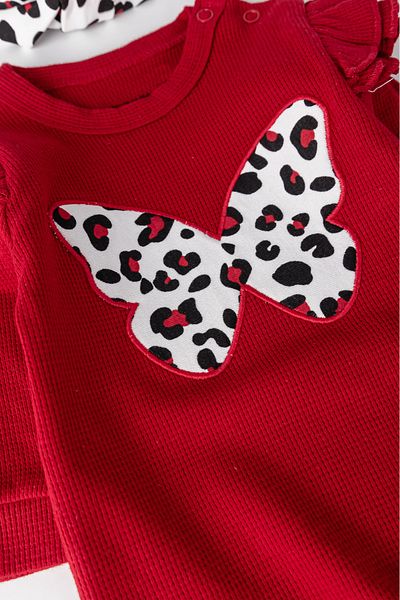 Babymod Butterfly Embroidered Leopard Patterned 2-Piece Long Sleeve Cotton Baby Girl Jumpsuit Set