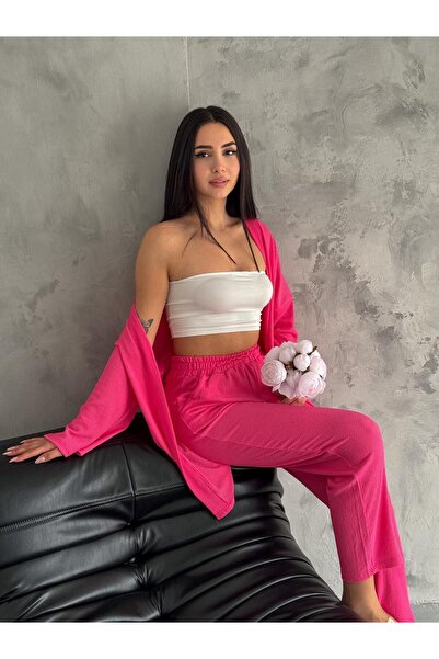 ZDABOUTİQUE Kimono Pantolon Pembe Ikili Takım