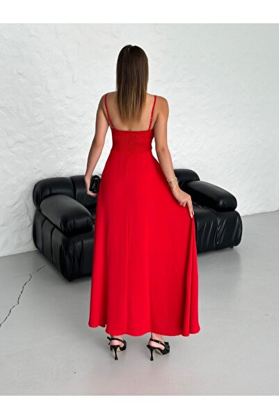lovebox İnce Ayarlanabilir İp Askılı Lastikli Bel Maxi Boy Şık Gece Kadın Abiye Elbise - 003