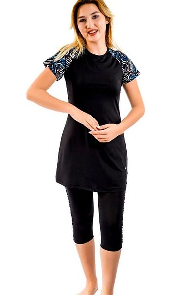 TESMAY Black Hijab Swimsuit - Short Sleeve, Semi Covered, Bonnet Set with Leggings