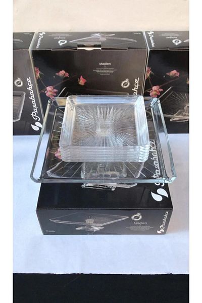 Paşabahçe Madlen Square Footed Serving Plate and 6 Square Dessert Plates 950007-68307
