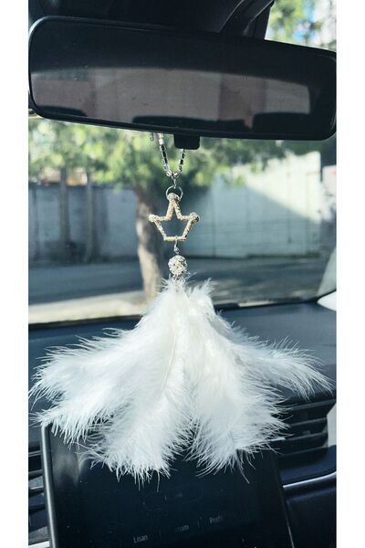 Oasis Life Taşlı Araba Ayna Süsü Kraliçe Taşlı Renkli Beyaz Tüylü Bekaks
