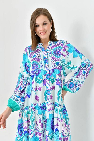 WOMAN VISION Rochie de vară cu imprimeu floral etnic, lungime midi, cu guler întins - mânecă cu balon și evazată 2243