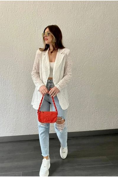 MODAALFABE Large Size Embroidered Scalloped Jacket