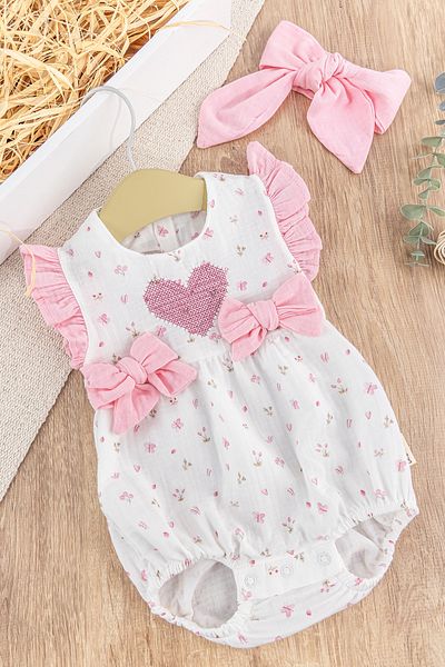 Babymod Heart Embroidered Bow Bandana Summer Baby Girl Jumpsuit