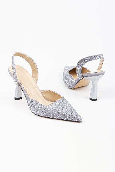 ELEVAM Pointed Toe Satin Stone Detailed Women's Thin Heel Evening Dress Shoes