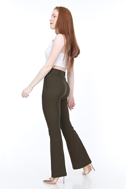 Bluence Waist Belted Flare Leg Khaki Fabric Trousers