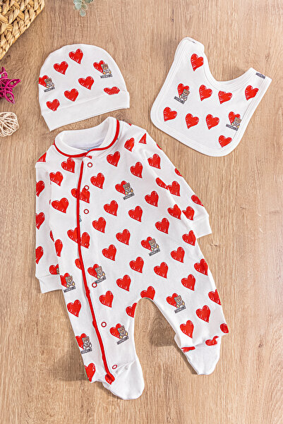 Babymod Kalp Desenli Şapkalı Kız Bebek Tulum Takım