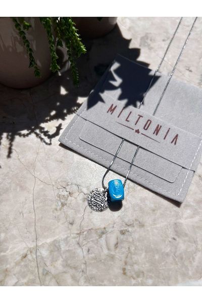 Miltonia Blue Beaded Steel Necklace with Antique Writing