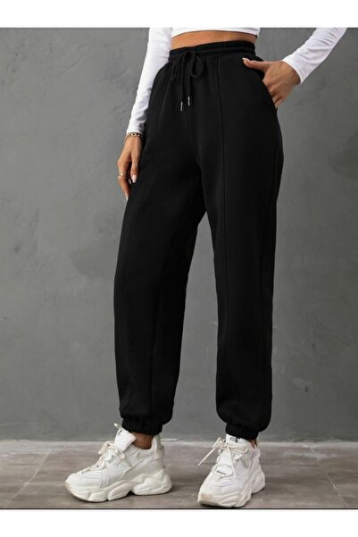 THE WHITE Μαύρο γυναικείο καλοκαιρινό παντελόνι φόρμας - 2 κλωστές με λάστιχο...