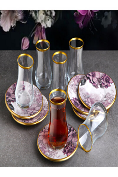 Keskinbıçak 12 Parça Yaldızlı Çay Seti 6 Kişilik Set Purple