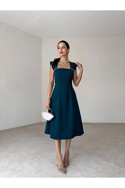 MAMMY Rowed Pearl Midi Dress Embrolious Green Dress