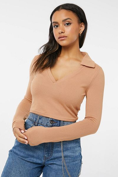 Ardene Johnny Collar Long Sleeve Cropped Top