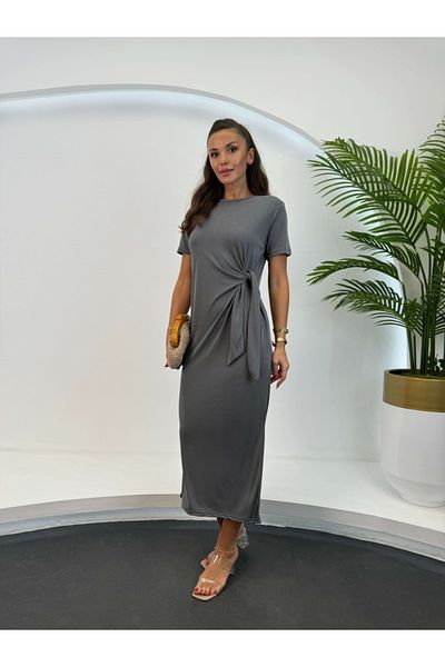 Elif Özbey Butik Front Tie Anthracite Modal Dress