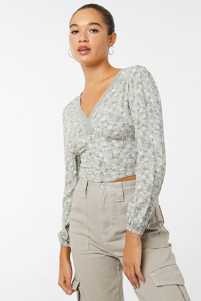 Ardene V-Neck Lace Trim Long Sleeve Top