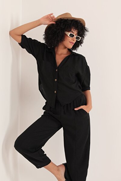 Elissalifestyler قميص نسائي قصير من قماش الكتان مقاس كبير