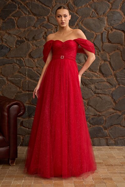 Lenta Moda Kırmızı Simli Drapeli Maxi Boy Kemer Detaylı Transparan Abiye Ve Gece Elbisesi