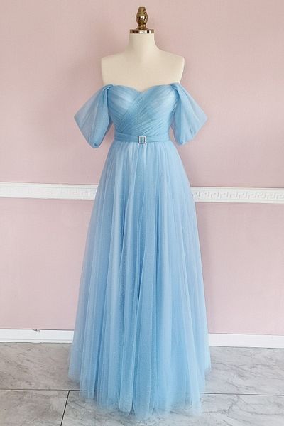 Lenta Moda Ice Blue Glittery Draped Maxi Length Belt Detailed Transparent Evening Dress and Evening Dress