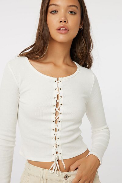 Ardene Laced Front Long Sleeve Crop Top