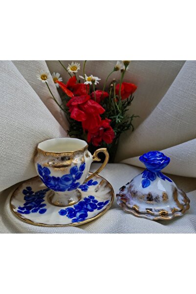 BY.RAYKA PORSELEN El Dekor Porselen El Boyaması Mavim Kahve Fincanı Ve Lokumluk