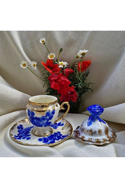 BY.RAYKA PORSELEN El Dekor Porselen El Boyaması Mavim Kahve Fincanı Ve Lokumluk