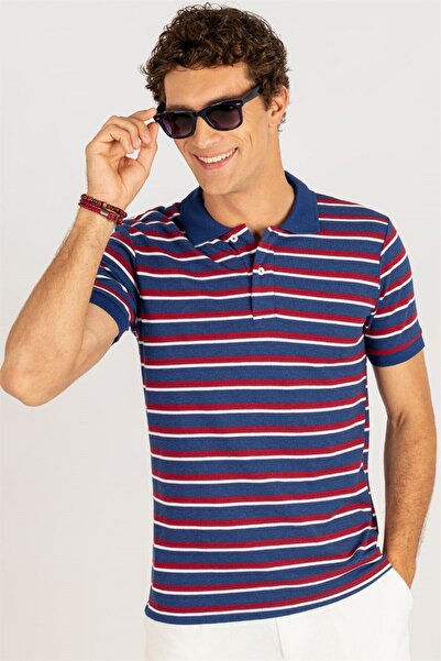 Tudors Мъжка тениска Slim Fit 100% памук на райе Pique Sax Синя тениска с пол...